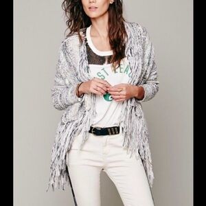 Free People Fringe Cardigan Sweater - Cream and Gray - Birkenstock - M